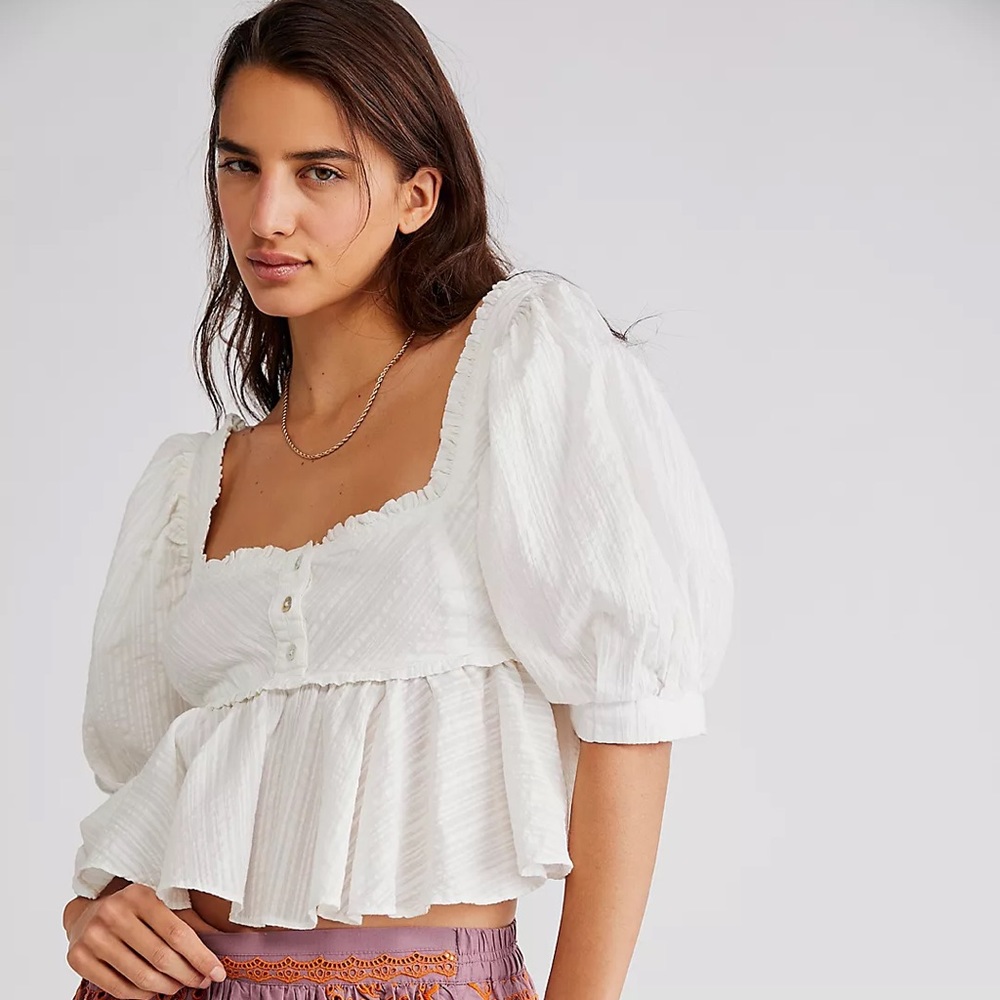 Free People White Babydoll Puff Sleeve Top